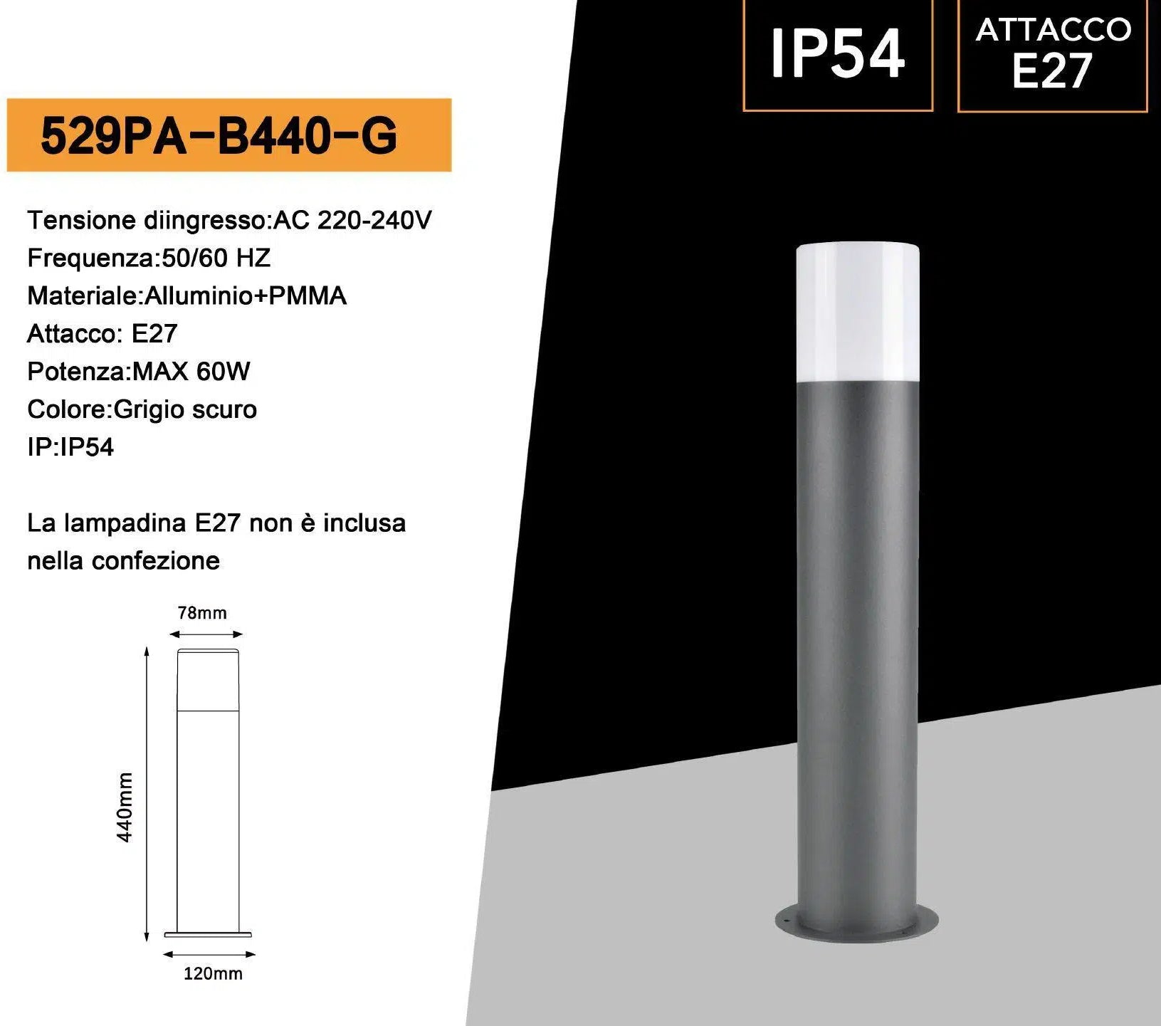 Lampioncino Portalampada da Giardino Universo per Lampadine E27 – Fissaggio a Terra, IP44, Altezza 44 cm
