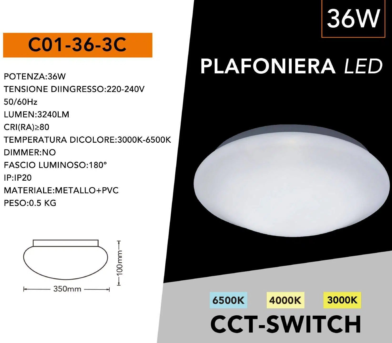 Plafoniera Circolare a LED UNIVERSO C01-36W-3C 36W | CCT 3in1 Selezione Luce