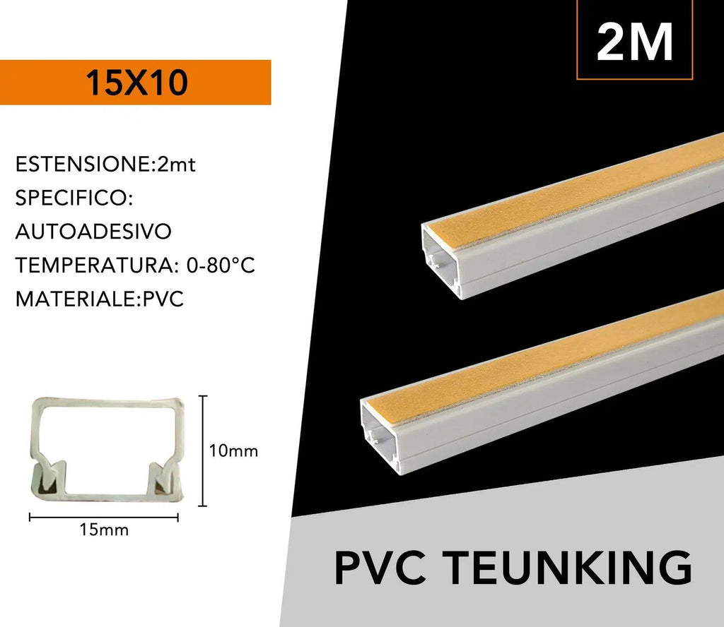 Confezione da 10 pezzi – Canalina passacavi con biadesivo in PVC, colore bianco, lunghezza 2 metri, dimensioni 15x10 mm.