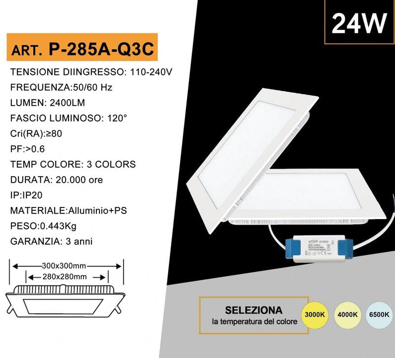 Pannello LED Quadrato SMD 24W 2400 Lumen | CCT Regolabile 3000K-4000K-6500K con Driver