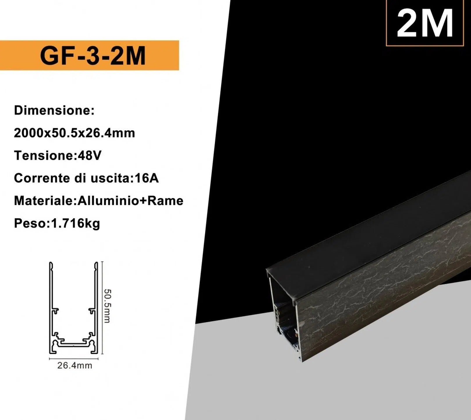 Binario Lineare Esterno in Alluminio Nero Universo per Track Lights Magnetiche DC 48V – Lunghezza 2 Metri