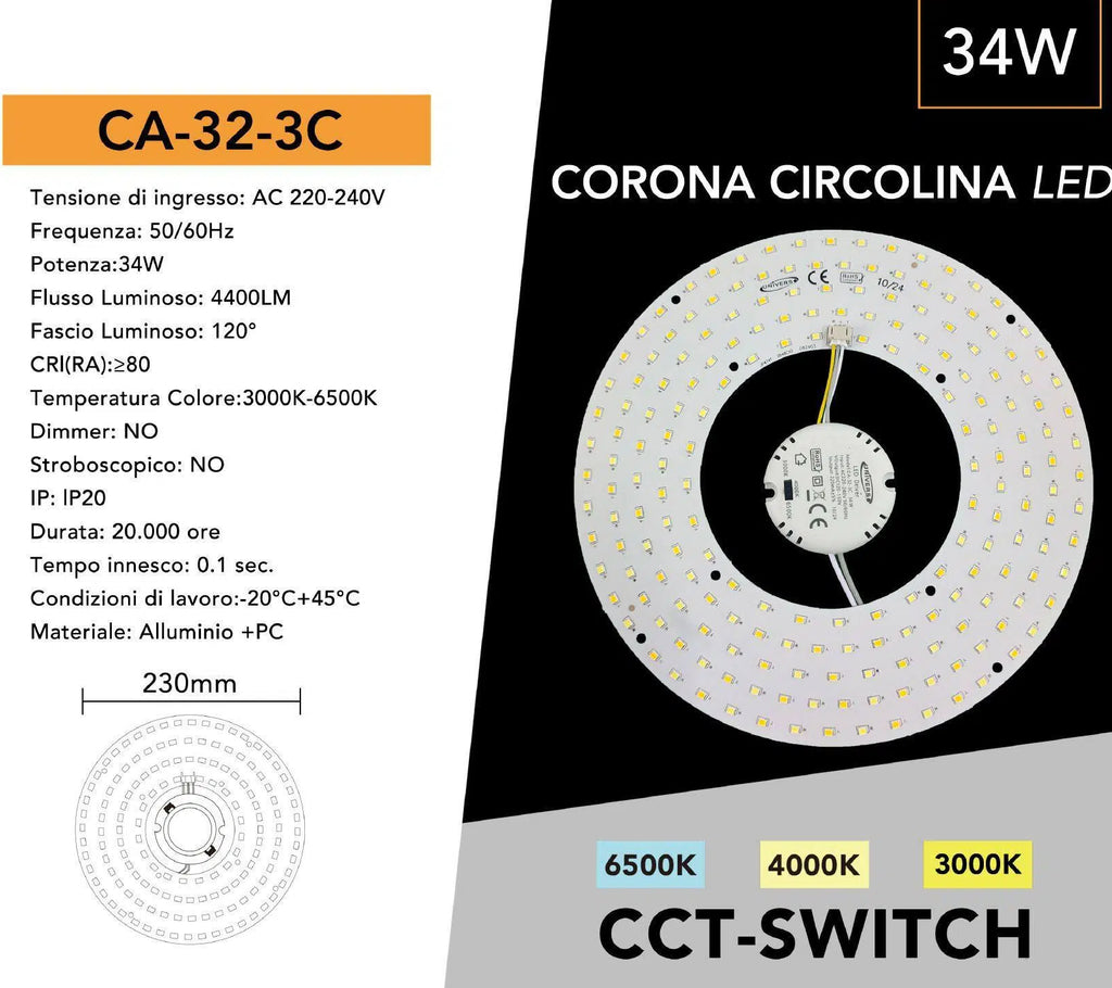 Plafoniera Circolare LED Magnetica T9 CCT 3in1 34W Ø23cm | Attacco G10q 3000K-4000K-6500K