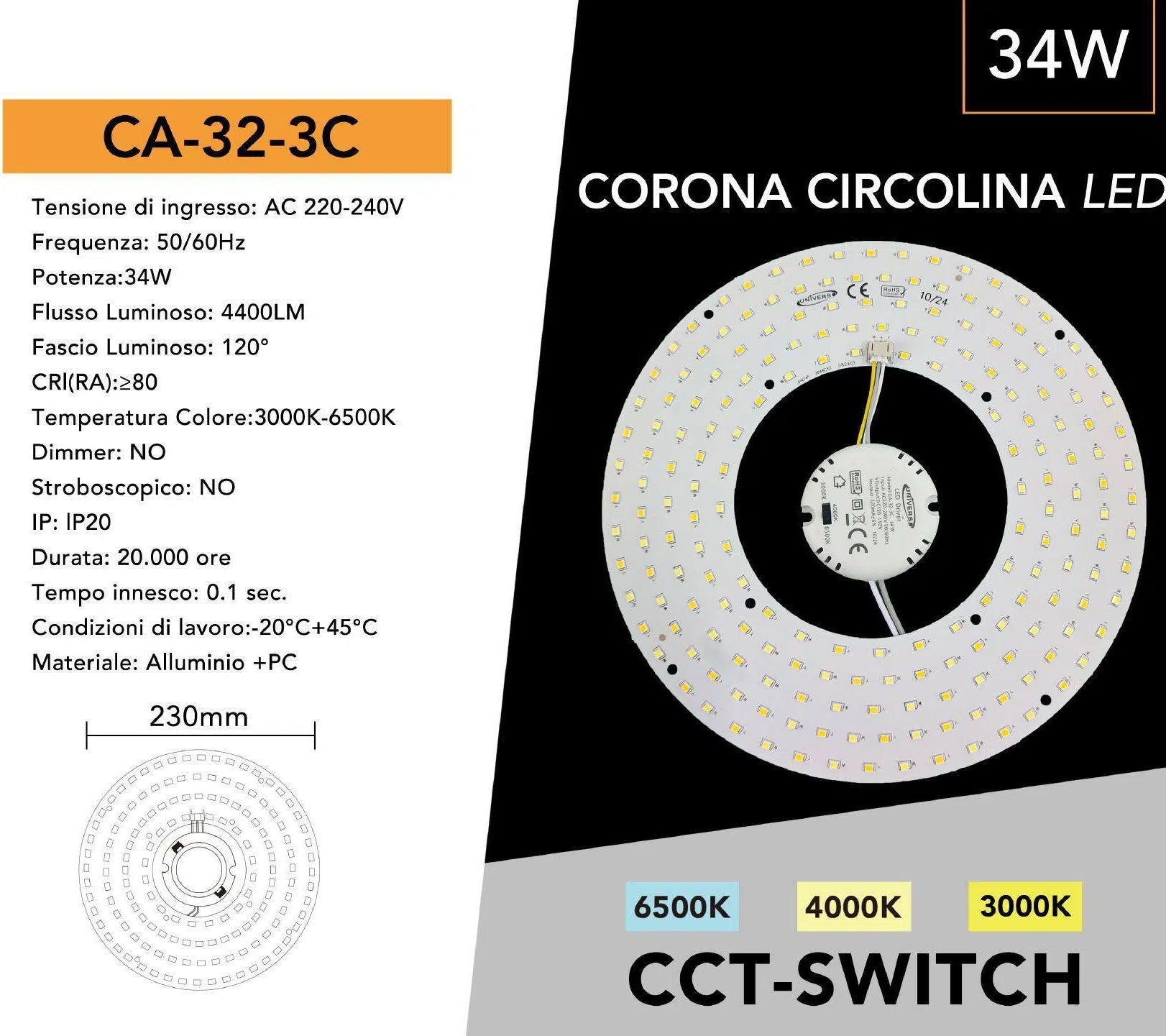 Plafoniera Circolare LED Magnetica T9 CCT 3in1 34W Ø23cm | Attacco G10q 3000K-4000K-6500K