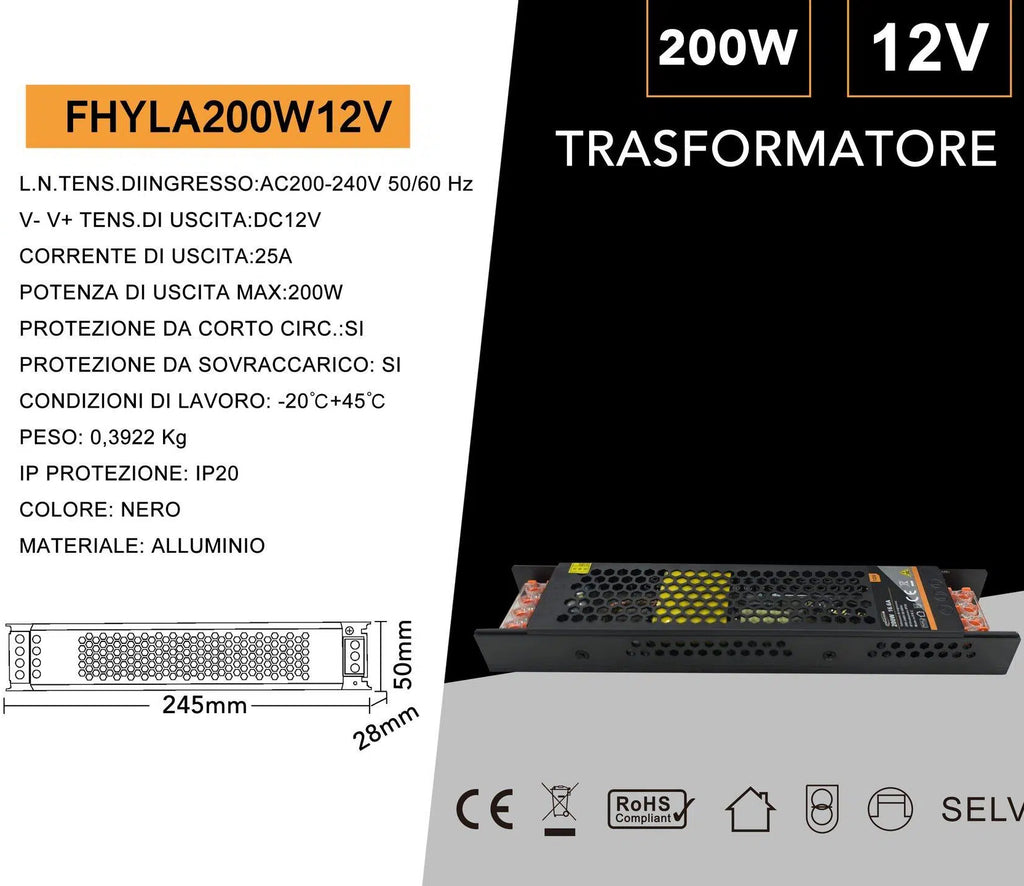 Alimentatore Slim Metallico Stabilizzato 200W per Uso Interno – DC12V 16.6A, 2 Uscite con Morsetti a Vite
