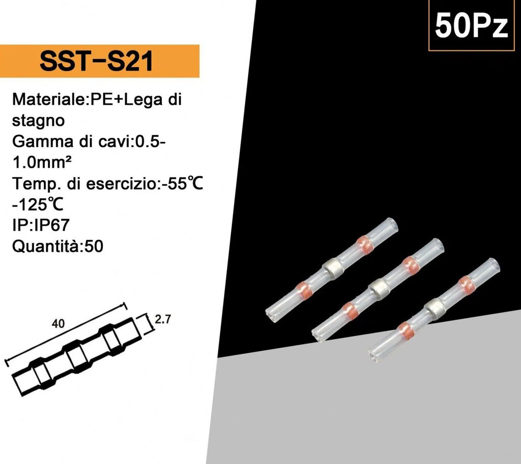 Confezione da 50 Pezzi – Connettore di Giunzione Isolato Autosaldante a Caldo per Cavi da 0,5 mm² a 1,0 mm² IP67