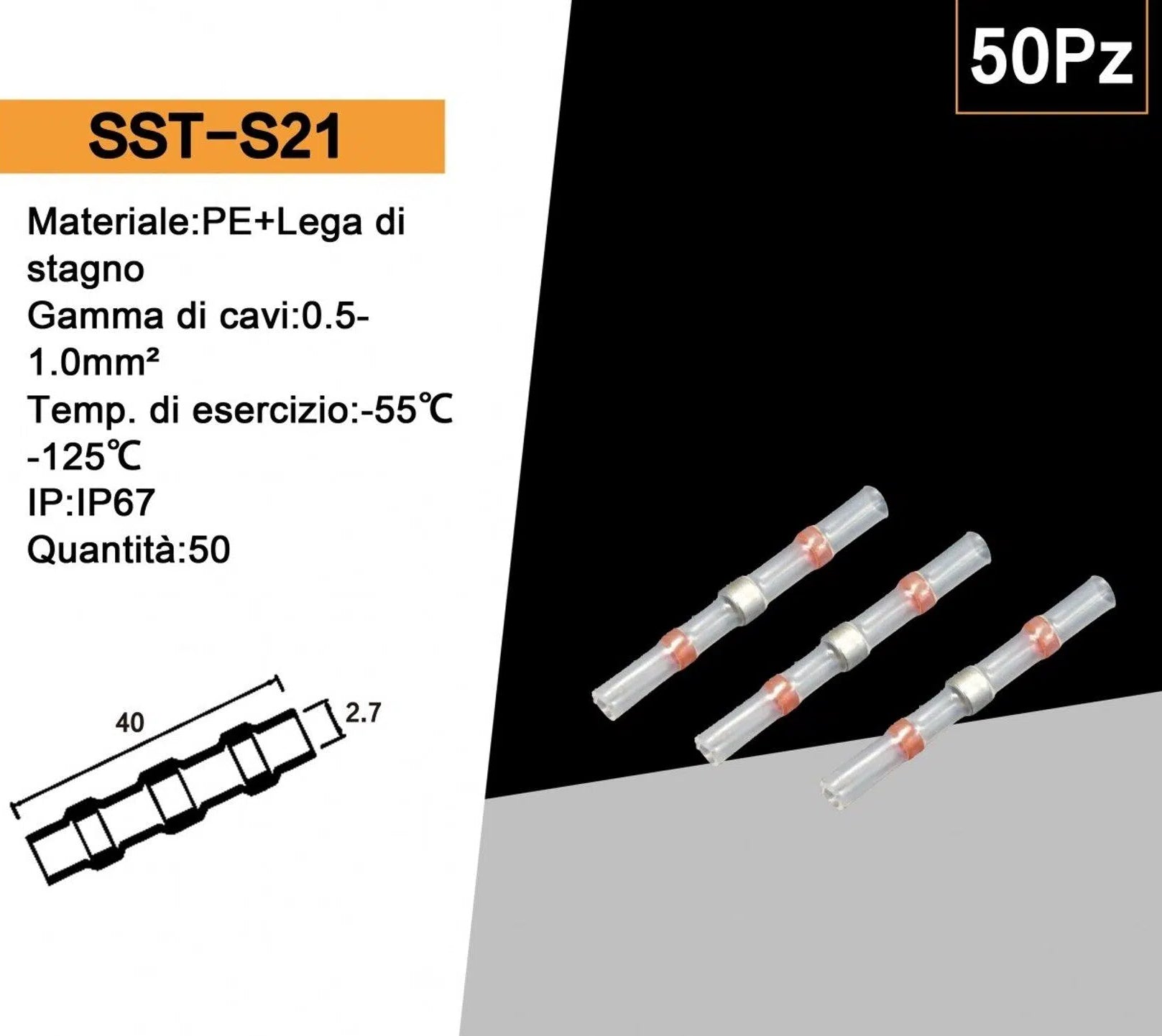 Confezione da 50 Pezzi – Connettore di Giunzione Isolato Autosaldante a Caldo per Cavi da 0,5 mm² a 1,0 mm² IP67