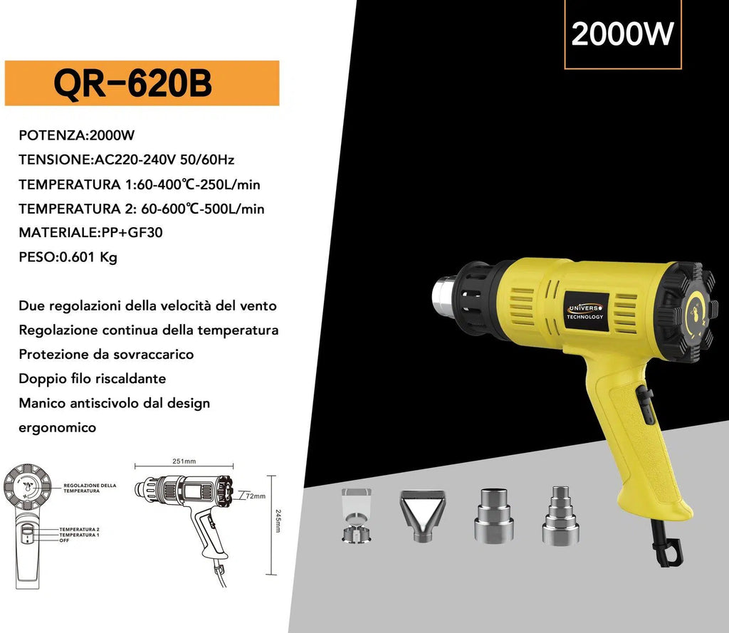 Pistola Termica Aria Calda UNIVERSO QR-620B 2000W | Sverniciatore con Doppio Selettore Temperatura e Flusso Aria