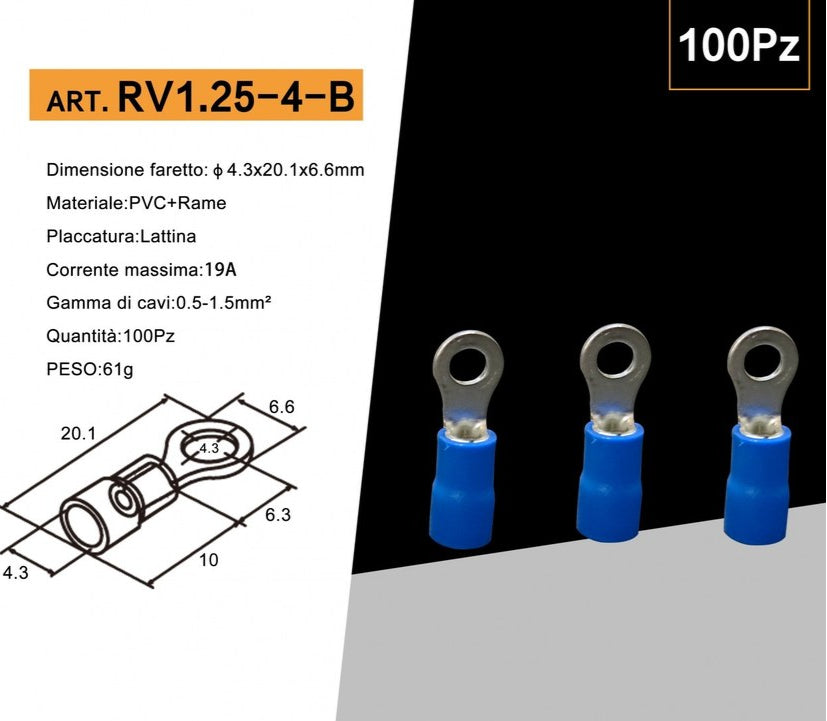 Confezione da 100 Pezzi – Capicorda Terminale ad Occhiello Isolato per Cavi da 0,5 mm² a 1,5 mm² – Foro M4