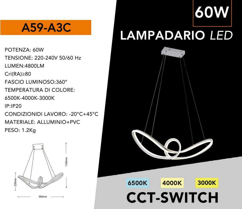 Lampadario LED a Sospensione Intrecciato Universo A59-A3C – 60W SMD, Colore Bianco, CCT Selezionabile (3000K/4000K/6500K)