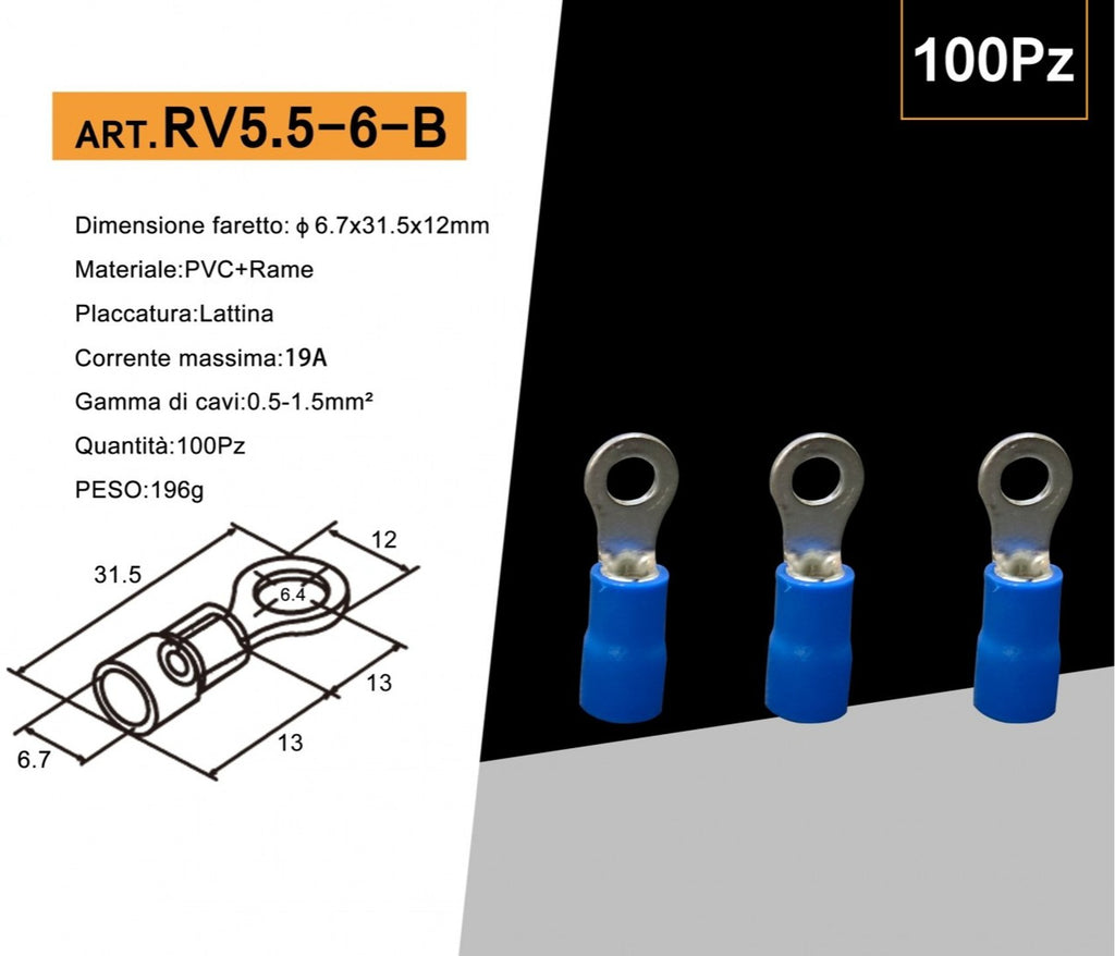 Confezione da 100 Pezzi – Capicorda Terminale ad Occhiello Isolato per Cavi da 4 mm² a 6 mm² – Foro M6