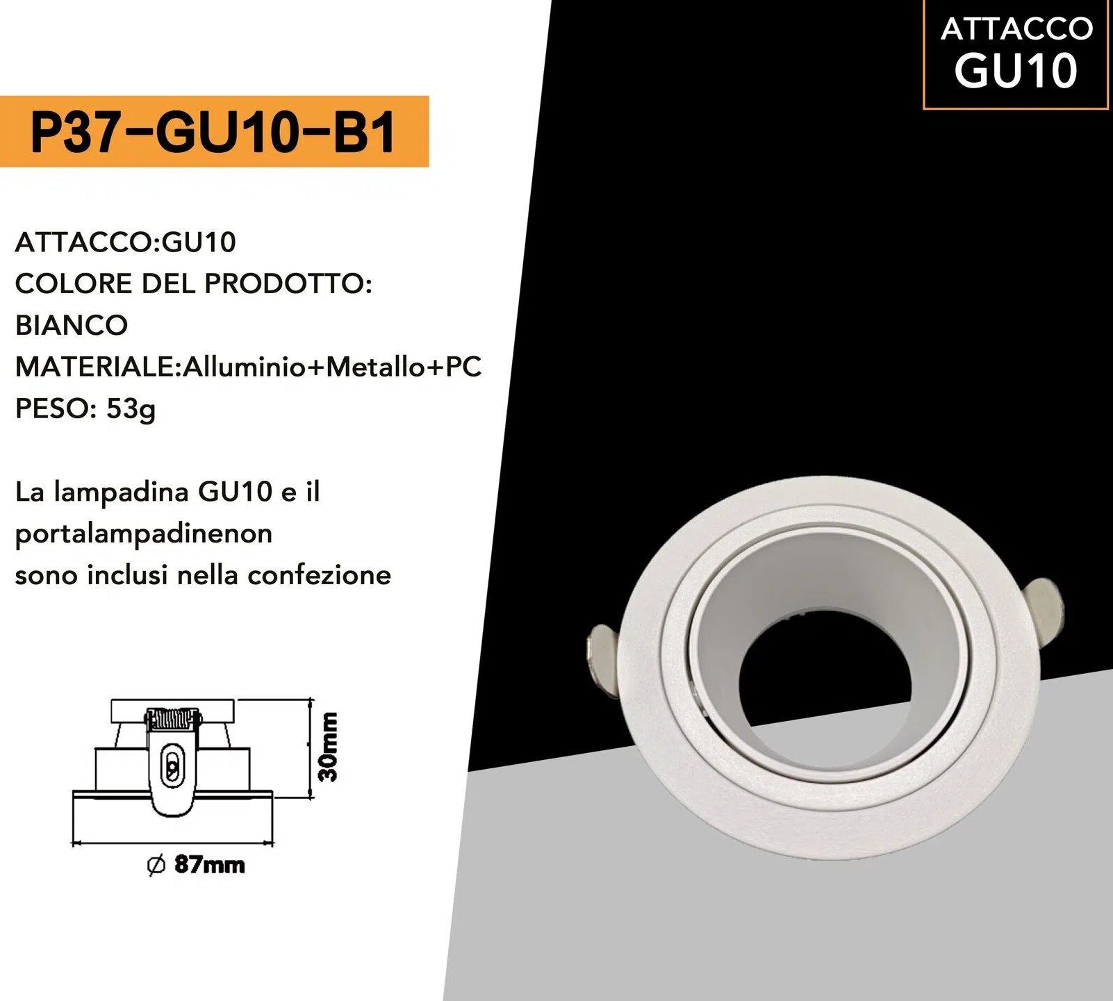 Portafaretto Circolare Orientabile da Incasso UNIVERSO P37-GU10-B1 | Metallo Bianco per GU10/GU5.3