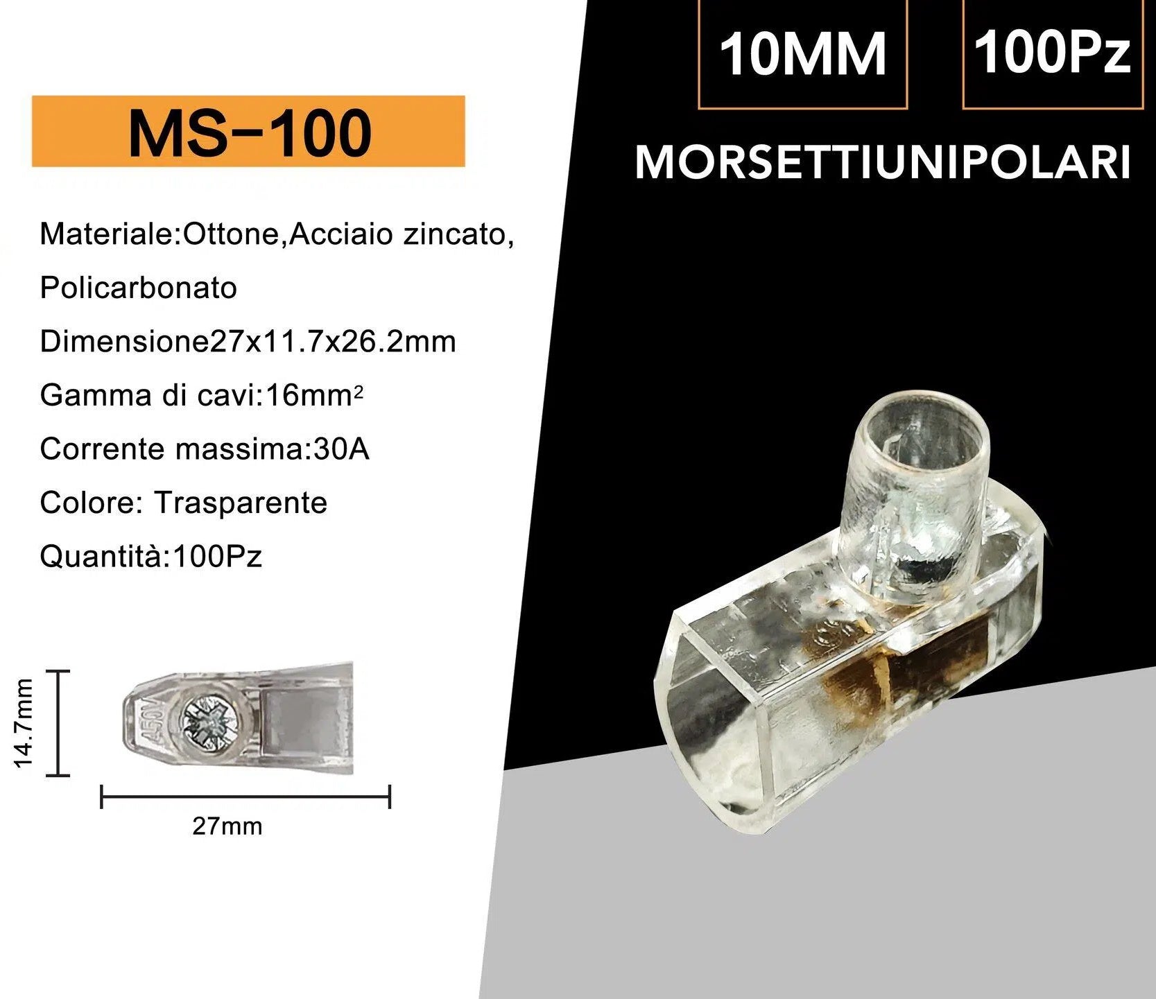 Confezione da 50 pezzi – Morsetto Forbox a cappuccio unipolare trasparente per cavi con sezione 10 mm²