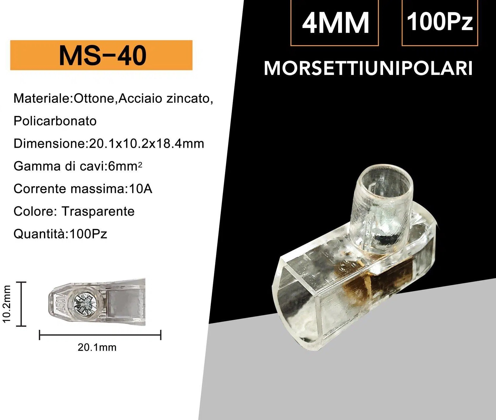 Confezione da 100 pezzi – Morsetto Forbox a cappuccio unipolare trasparente per cavi con sezione 4 mm²