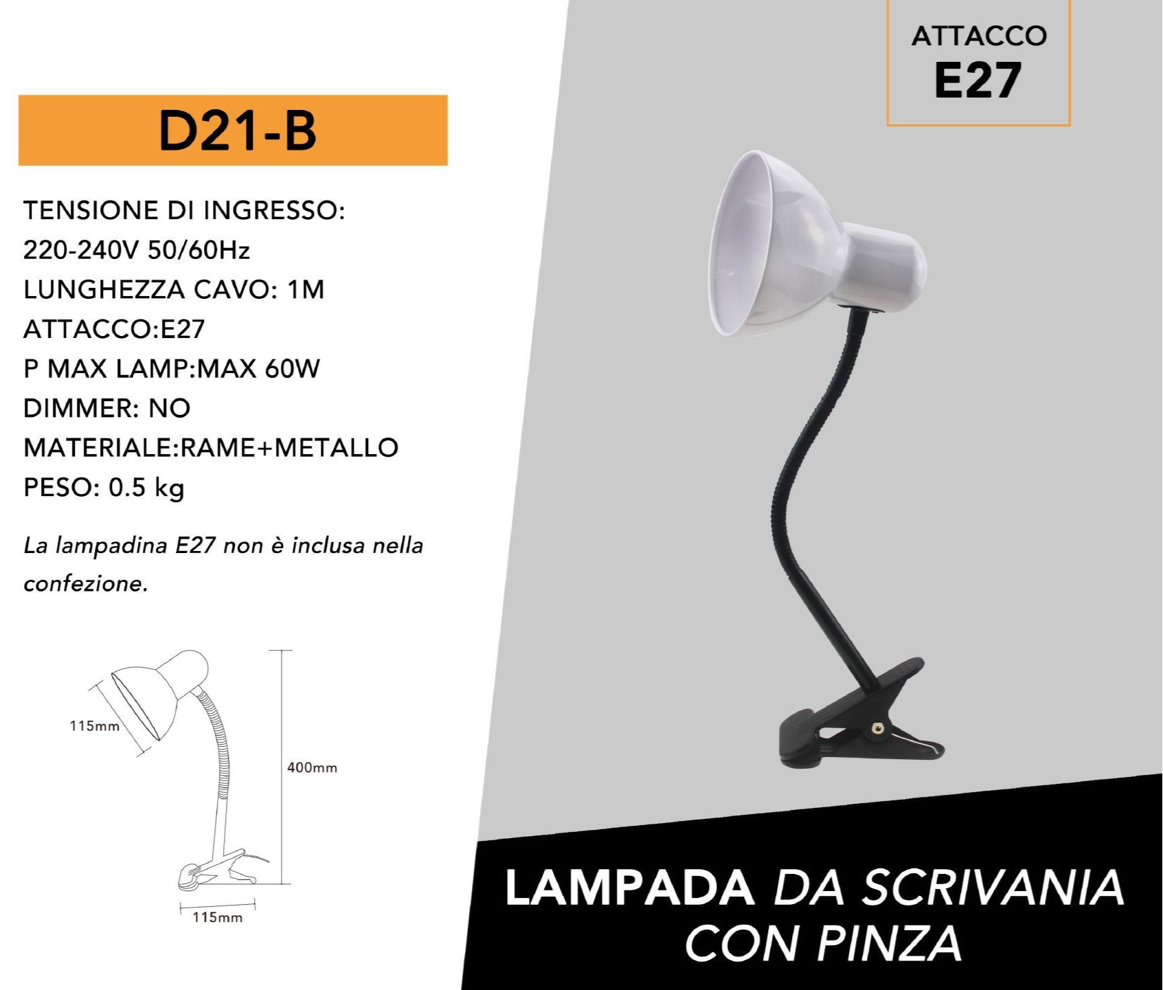 Lampada da Tavolo con Clip di Fissaggio e Braccio Flessibile – Attacco E27, Colori Assortiti