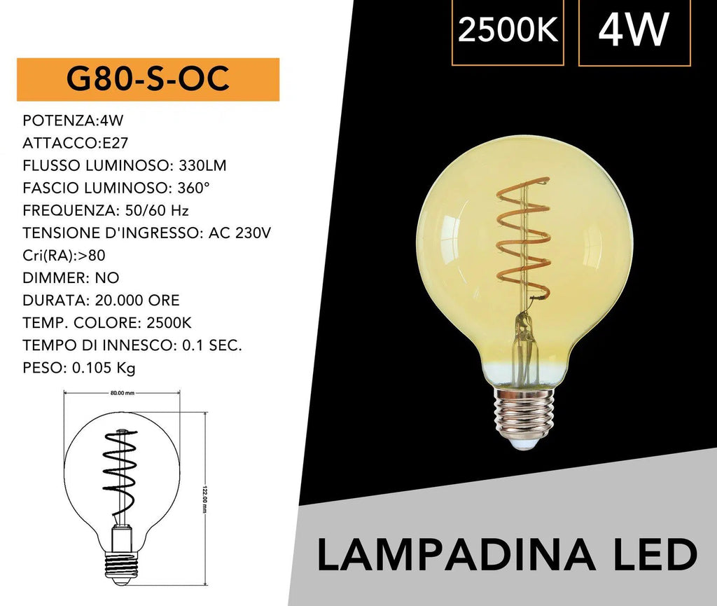 Lampadina LED E27 Universo G80-S-OC – 4W, Globo G80 a Filamento, Vetro Ambrato, Luce Calda 2500K