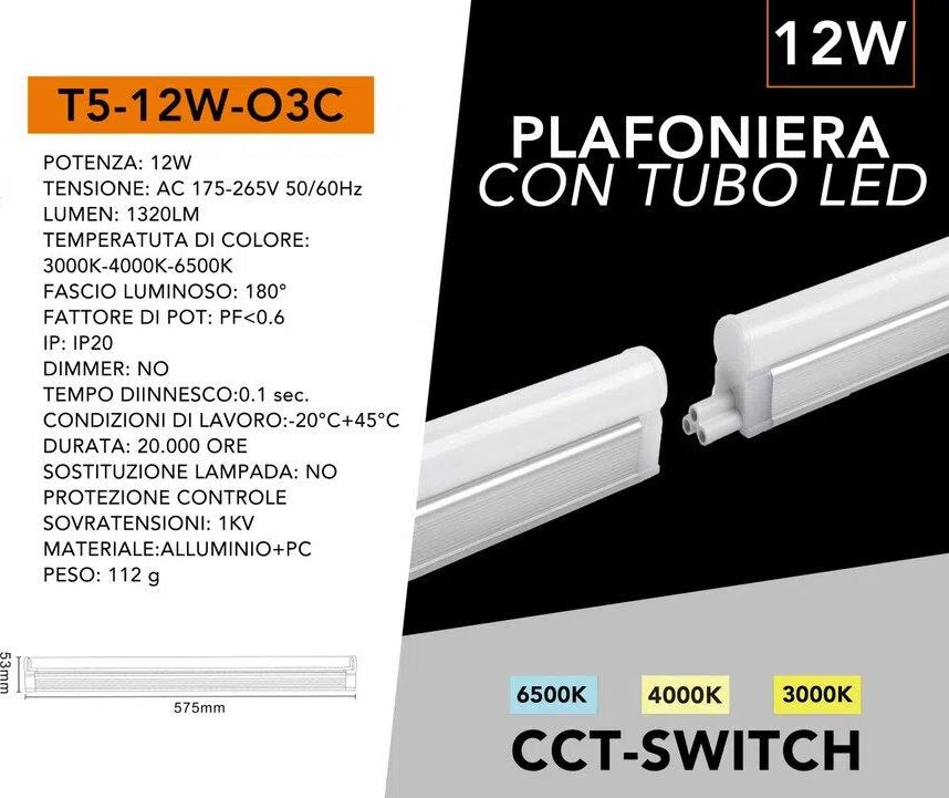 Universo T5-12W-O3C Tubo Neon LED SMD Plafoniera T5 Raccordabile 60cm 12W 1320lm con Switch CCT per Selezione Luce 3000K-4000K-6500K