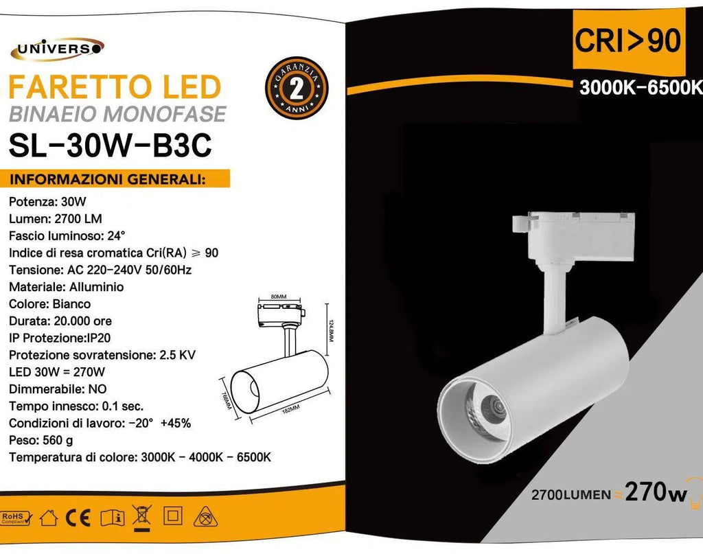Faretto LED da Binario Monofase Universo SL-30W-B3C – 30W Track Light COB, 2700 Lumen, CCT 3in1