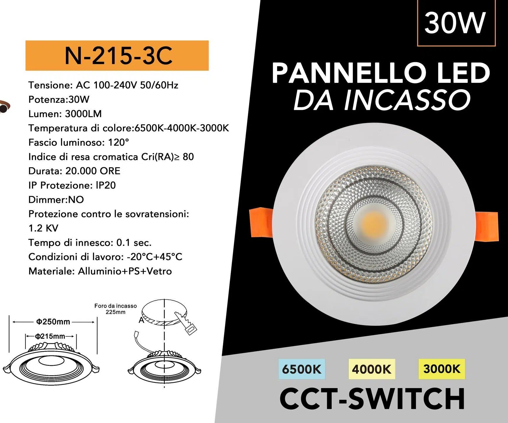 Faretto LED da Incasso Rotondo Universo N-215-3C – 30W COB Downlight, Colore Bianco, CCT Switch per Cambio Colore Luce