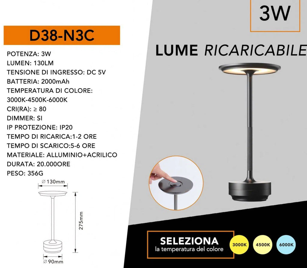 Lampada da Tavolo Portatile Universo D38-N3C – 3W con Ricarica USB, CCT Selezione Colore Luce (3000K/4000K/6500K)