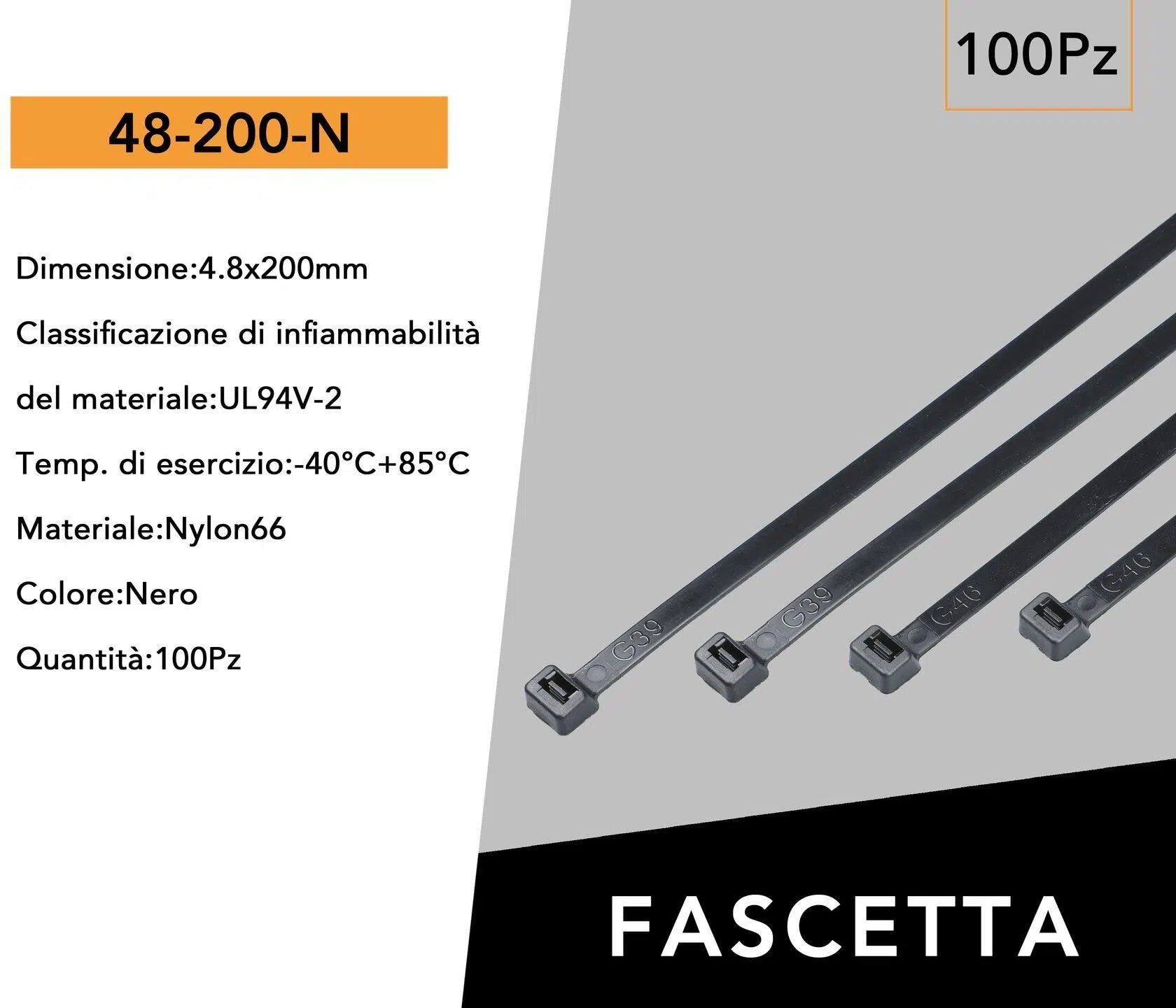 Confezione da 100 Pezzi – Fascette Serracavo Autobloccanti in Nylon Nero 4,8 mm x 200 mm