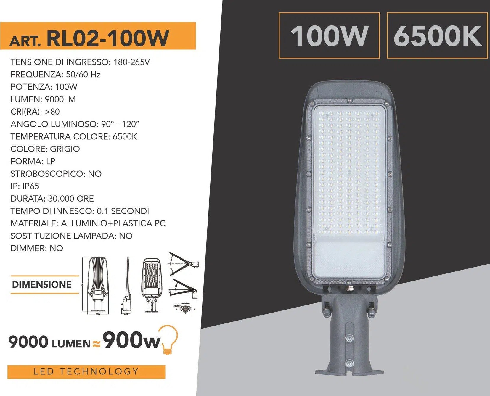 Proiettore Faro Armatura Stradale LED Universo 100W – Snodo Incorporato, IP65, Luce Bianca Fredda 6500K