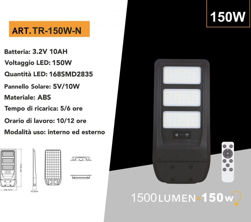 Lampione Stradale LED Solare UNIVERSO TR-150W-N | 150W Equivalenti con Pannello Fotovoltaico e Sensore Movimento IP65 1500 Lumen