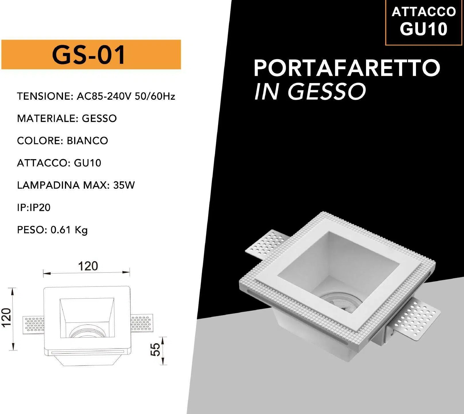 Portafaretto Quadrato da Incasso in Gesso Verniciabile | Per Lampadine GU10/MR16