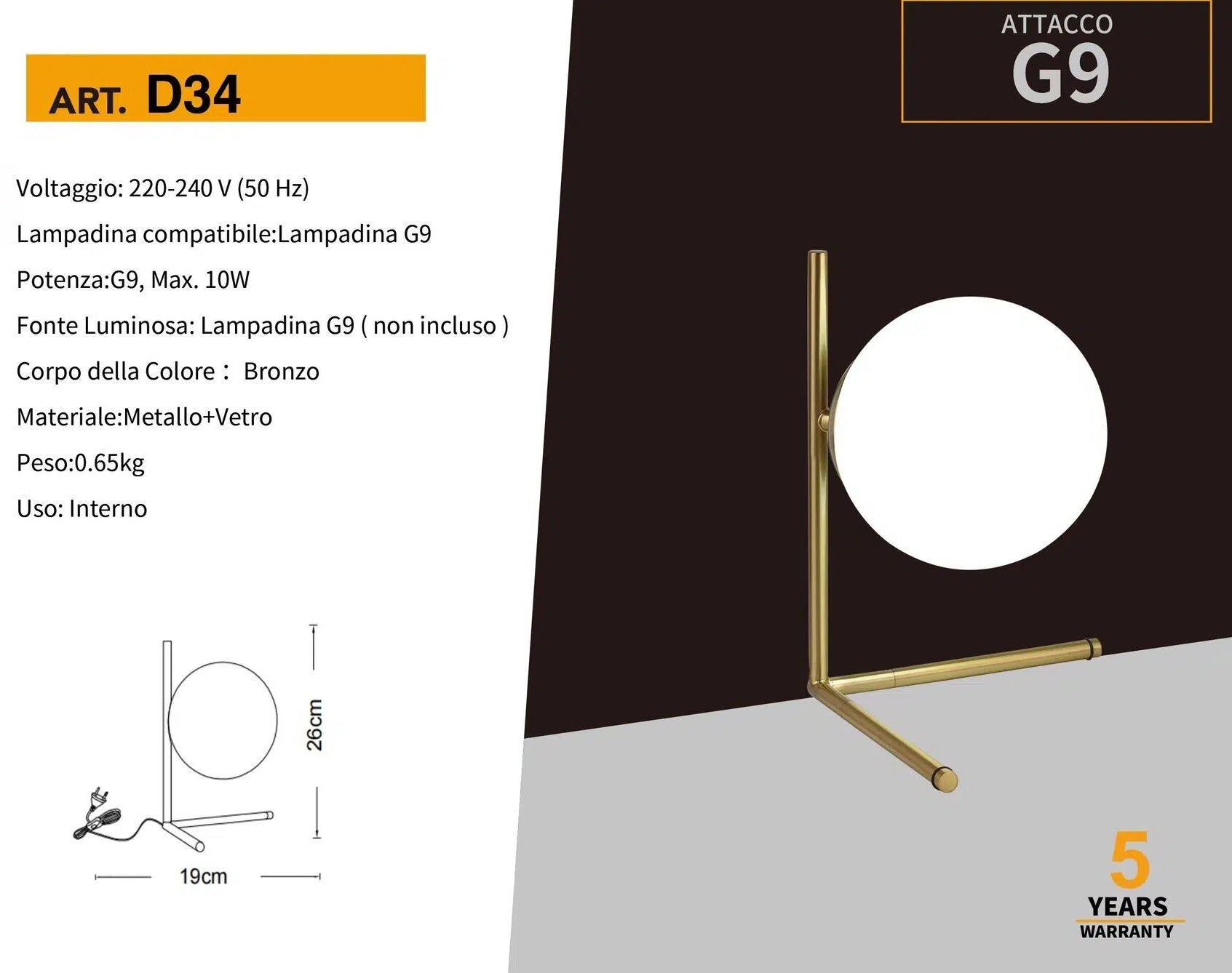 Lampada da Tavolo Universo Bronzo – Metallo con Paralume a Sfera in Vetro, Attacco G9, Max 10W
