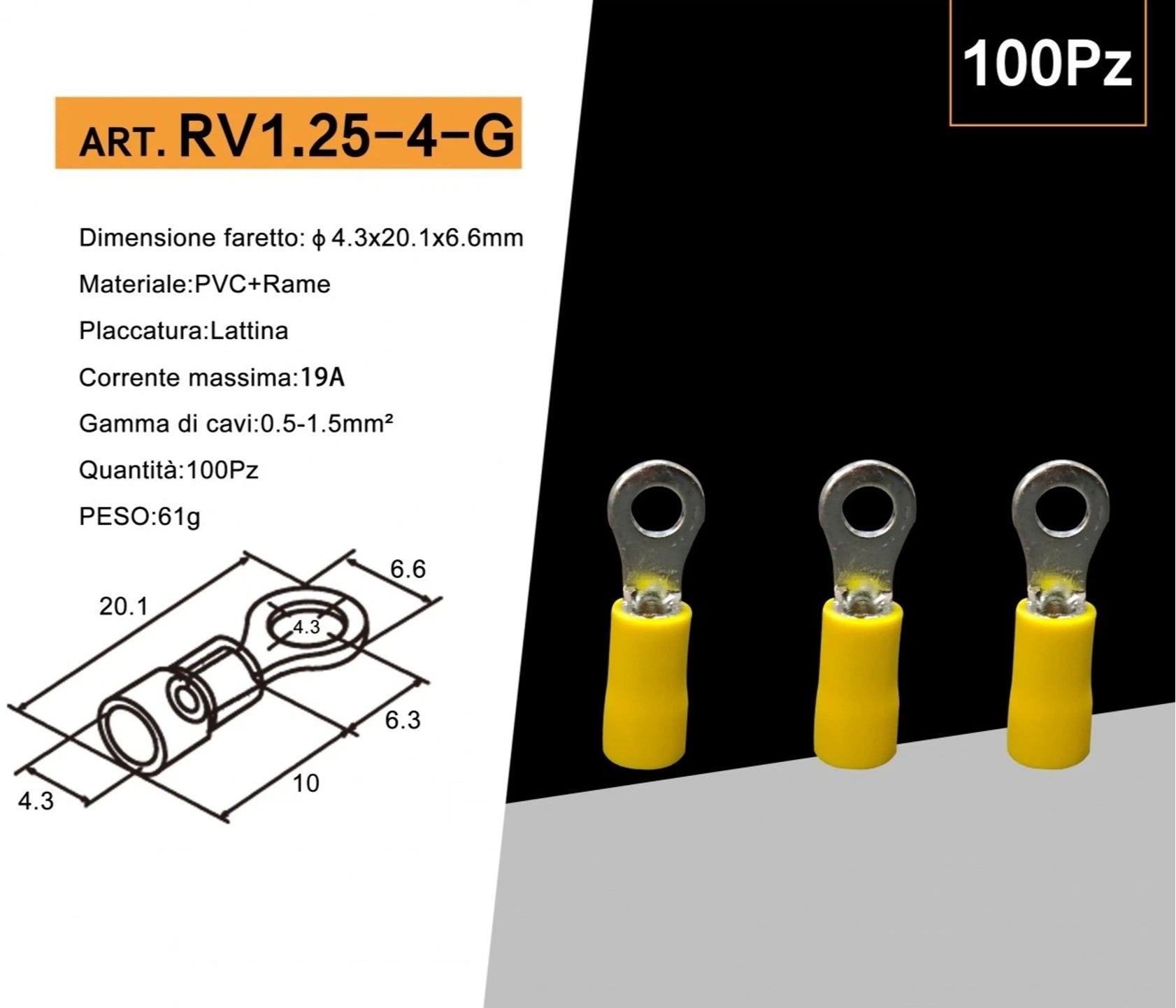Confezione da 100 Pezzi – Capicorda Terminale ad Occhiello Isolato per Cavi da 0,5 mm² a 1,5 mm² – Foro M4