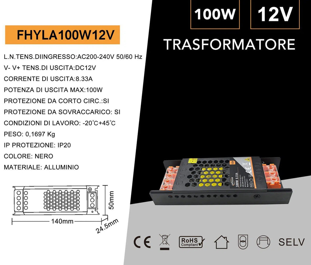 Alimentatore slim metallico stabilizzato switching trimmer 220V DC12V 8.33A 100 watt colore nero