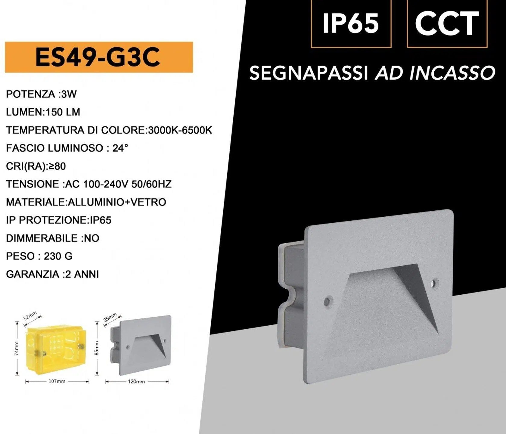 Punto Luce Segnapasso LED Rettangolare Colore Grigio Montaggio a Incasso 503E 3W 24° da Esterno IP65