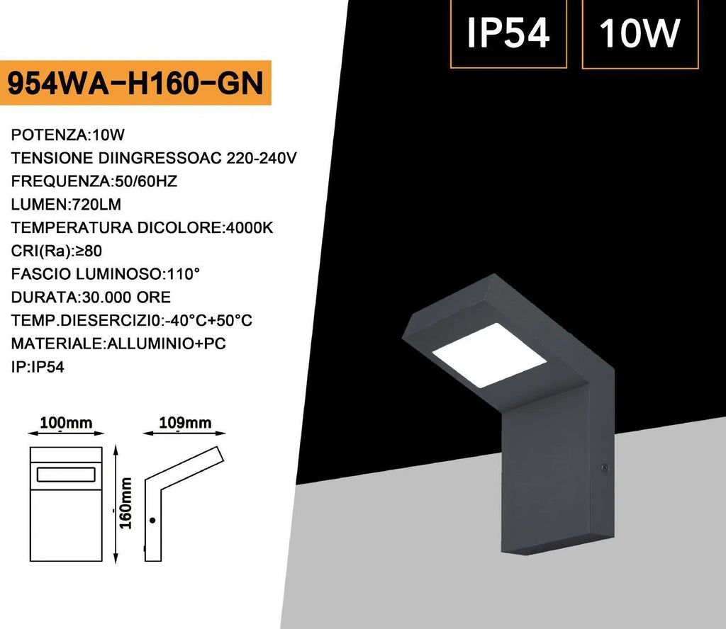UNIVERSO 954WA-H160-GN APPLIQUE LED DA ESTERNO 10W SMD IP54 LAMPIONE BOLLARD DA PARETE GRIGIO SCURO