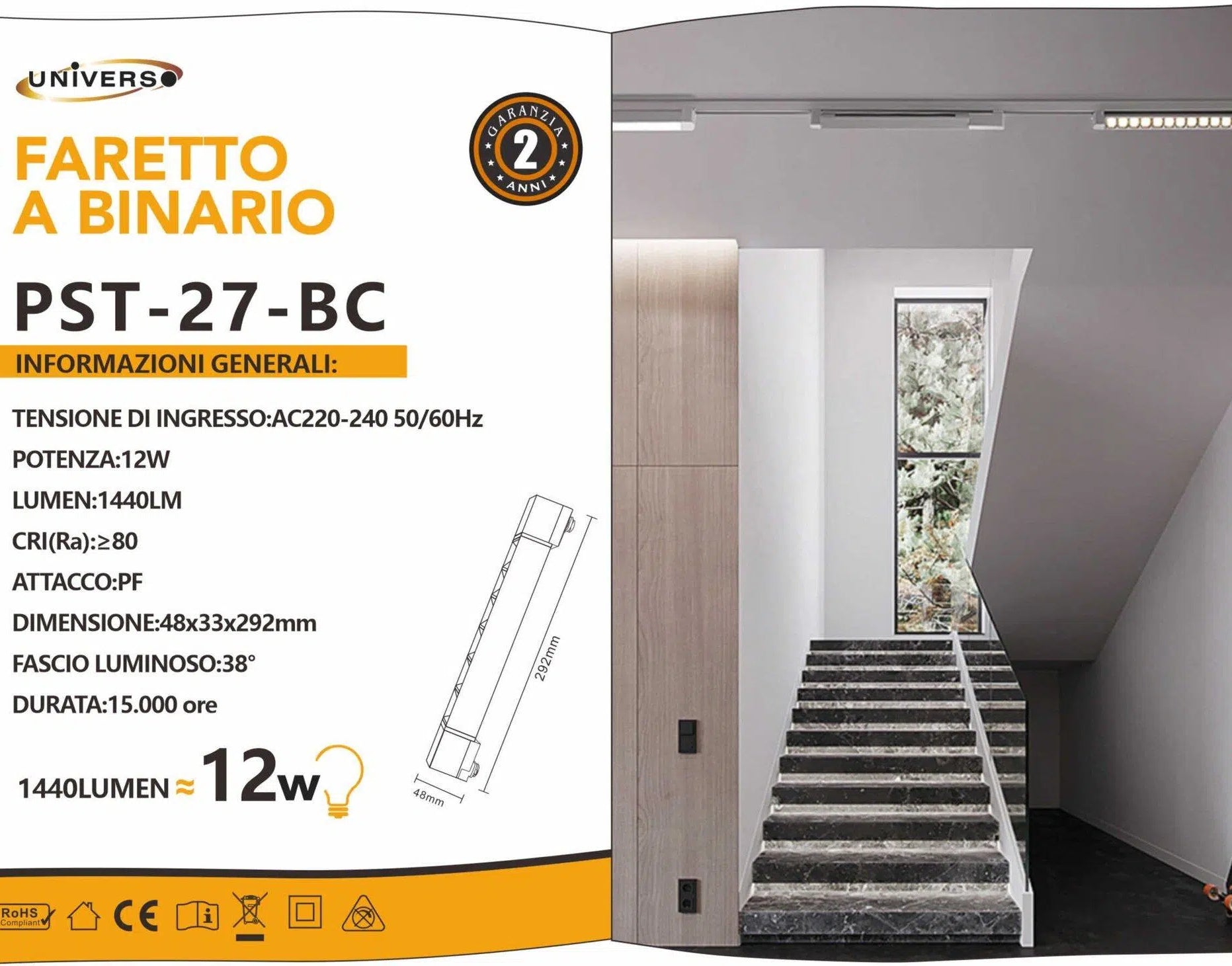 Track Light Faretto Lineare LED SMD Universo PST-27-B – 12W, 38°, per Binario Elettrificato Monofase, Colore Bianco