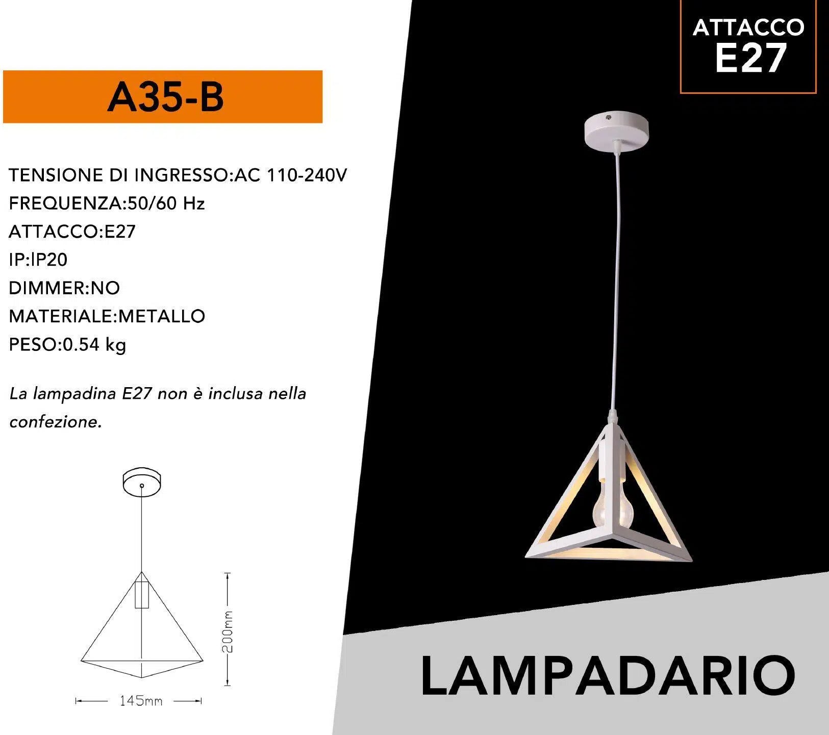 Lampadario a Sospensione Pendente – Forma Triangolare con Attacco E27, Finitura Bianca o Nera