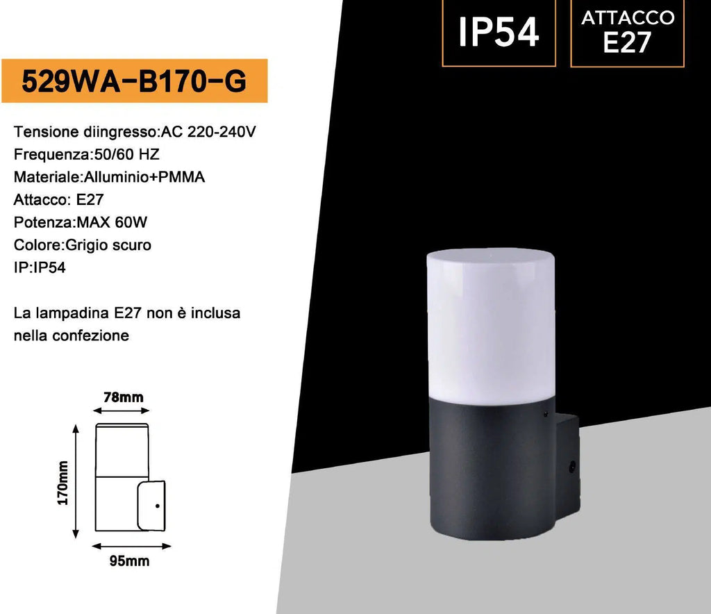 Portalampada Applique da Esterno Universo 529WA-B170-G – Wall Light per Fissaggio a Muro per Lampadine E27, 60W Max, IP54