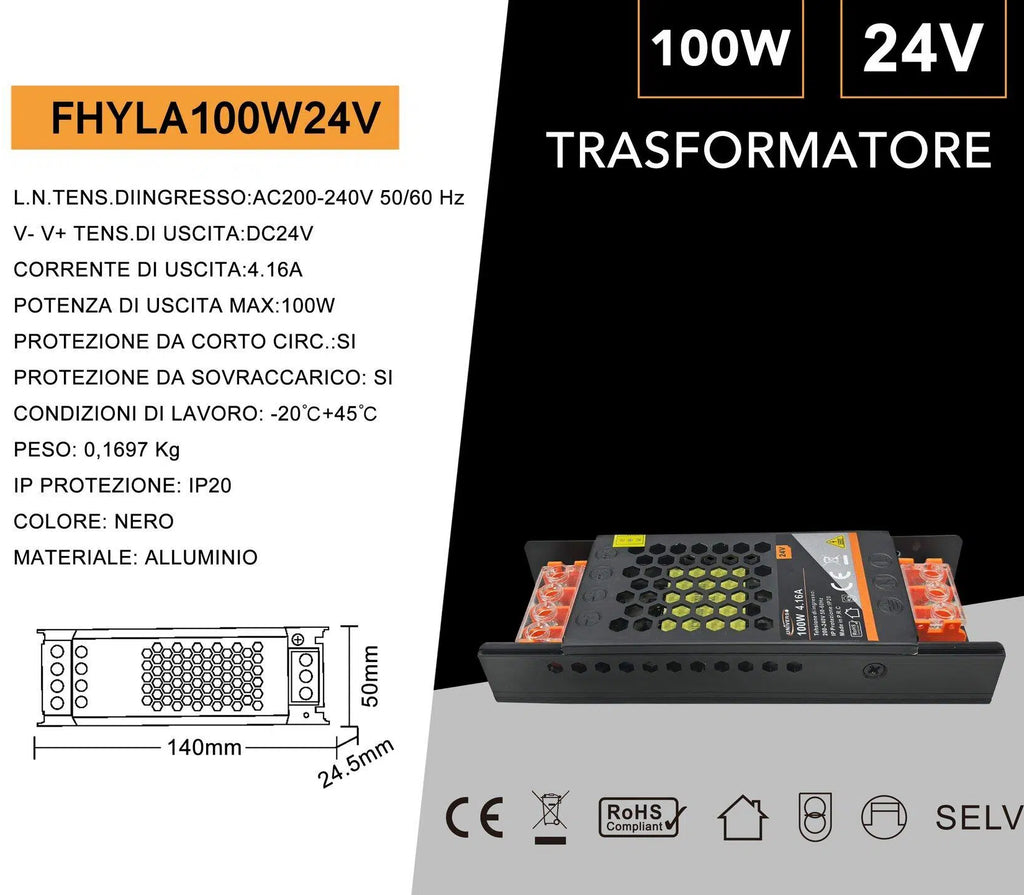 Alimentatore Slim Metallico Switching Stabilizzato 100W – Ingresso 220V, Uscita 24V 4.16A, Colore Nero, con trimmer regolabile
