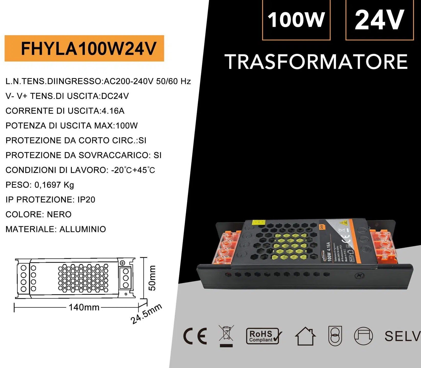 Alimentatore Slim Metallico Switching Stabilizzato 100W – Ingresso 220V, Uscita 24V 4.16A, Colore Nero, con trimmer regolabile