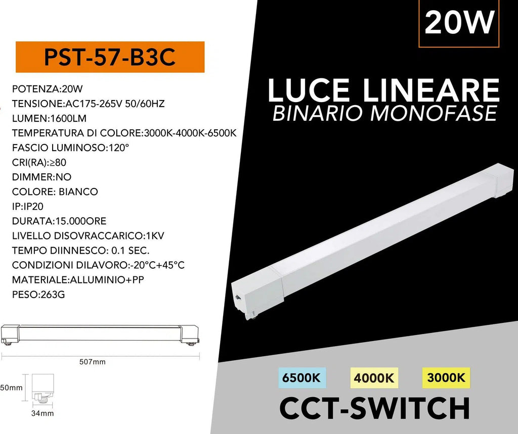 Track Light Faretto Lineare LED per Binario Elettrificato Monofase Universo PST-57-B3C – 20W, CCT 3in1 (3000K/4000K/6500K)