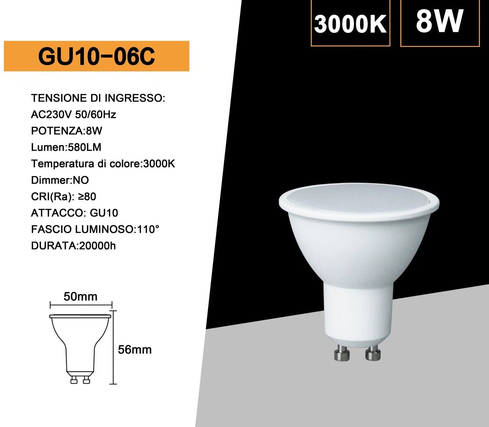 Confezione da 20 Pezzi – Lampadina LED GU10 8W, Faretto Spotlight Chip SMD, 110°, 620 Lumen