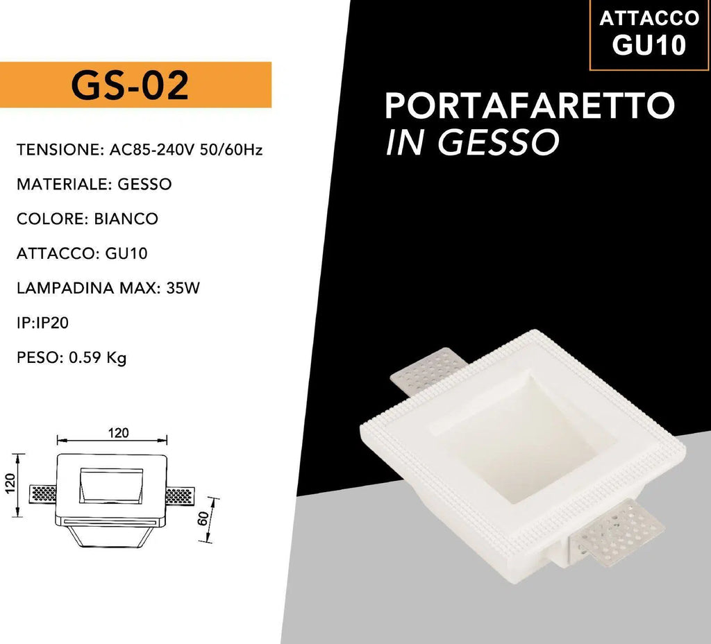 Portafaretto Quadrato da Incasso in Gesso con Copertura in Vetro Opaco | Per Lampadine GU10/MR16
