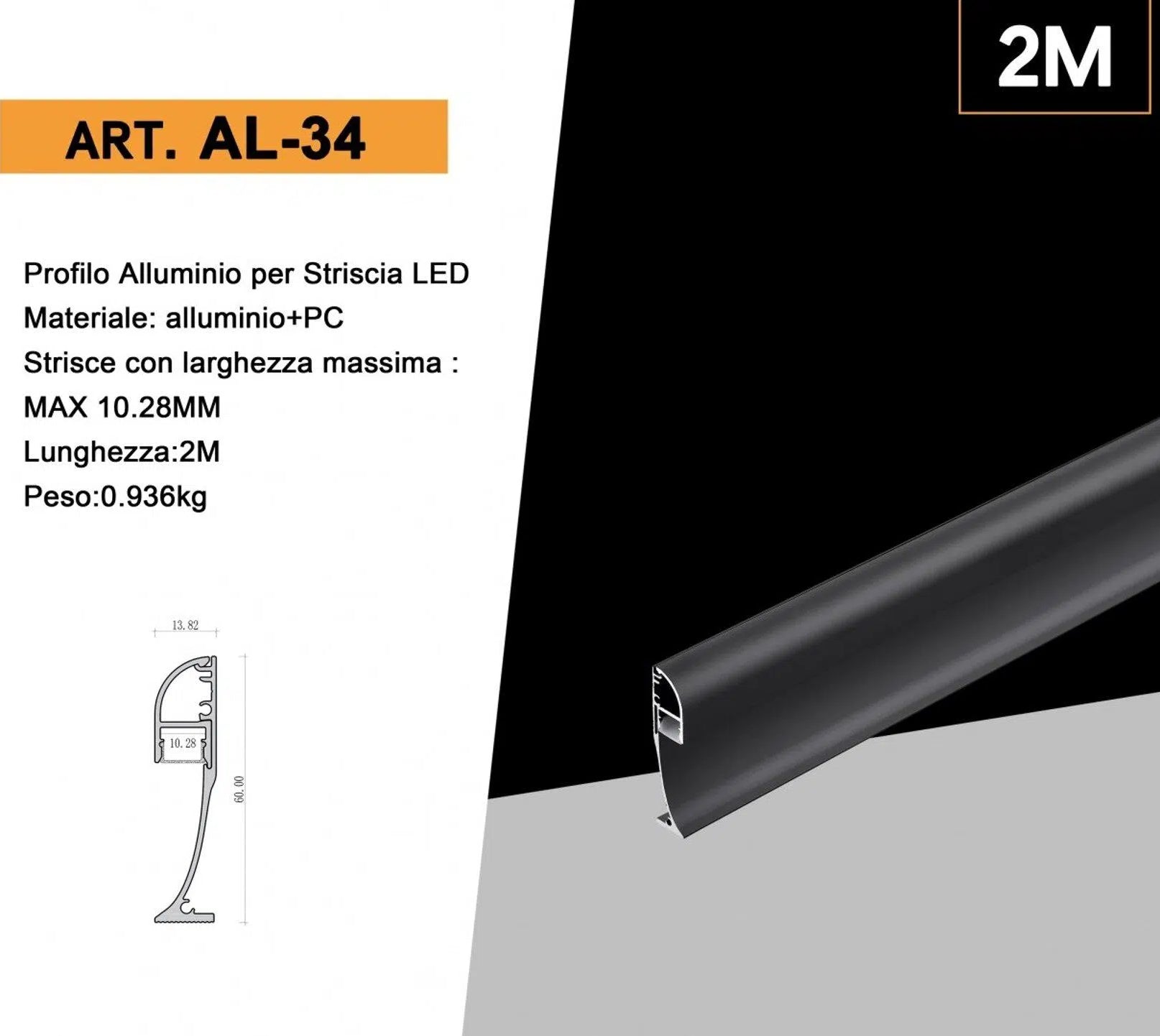 Profilo Angolare Nero a Luce Indiretta UNIVERSO AL-34 | Alluminio per Strisce LED a Superficie Copertura Opaca 2m