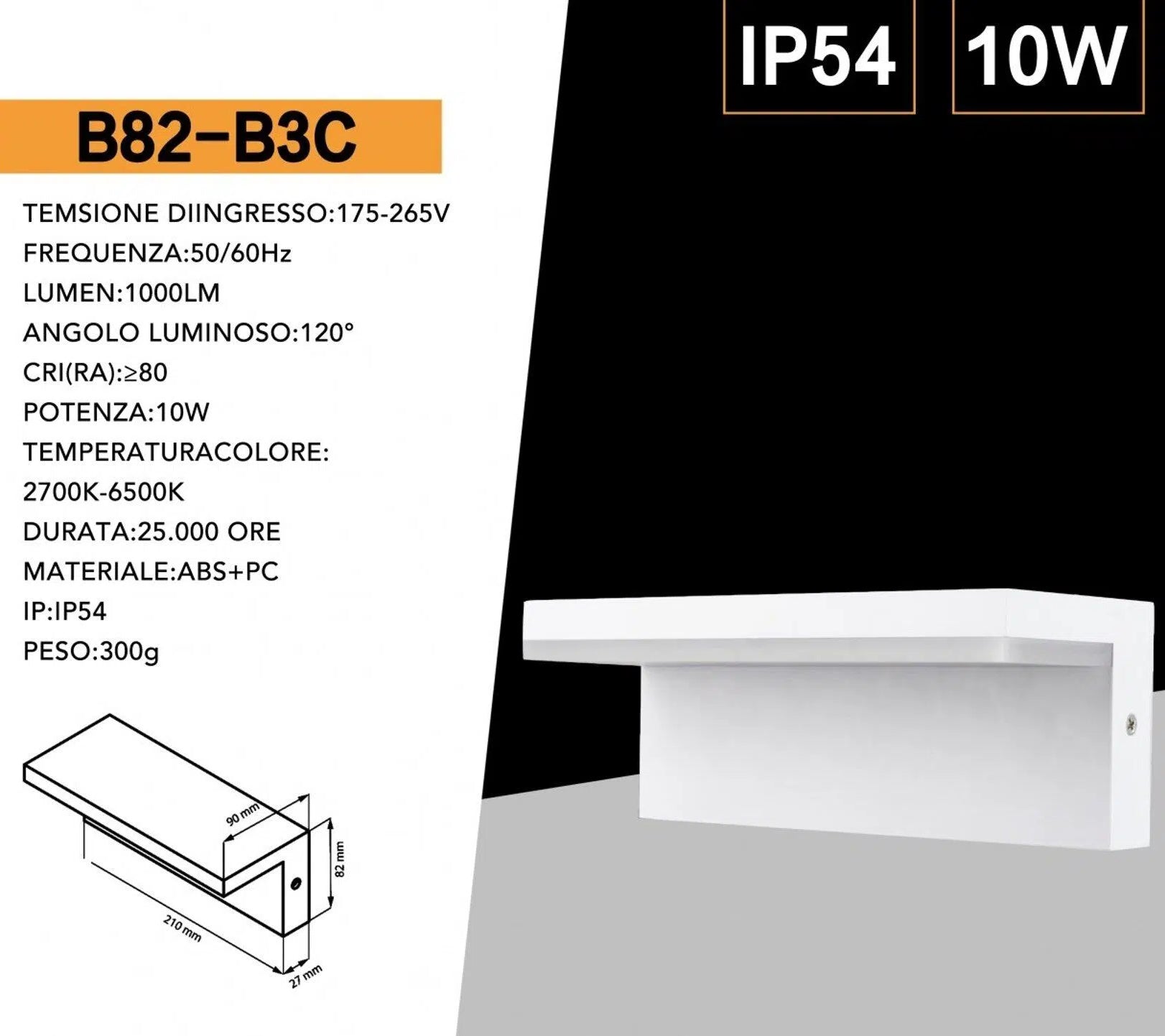 Applique LED da Muro Universo B82-B3C 10W – Wall Light SMD per Esterno, IP54, CCT Switch 3in1 (3000K/4000K/6500K)