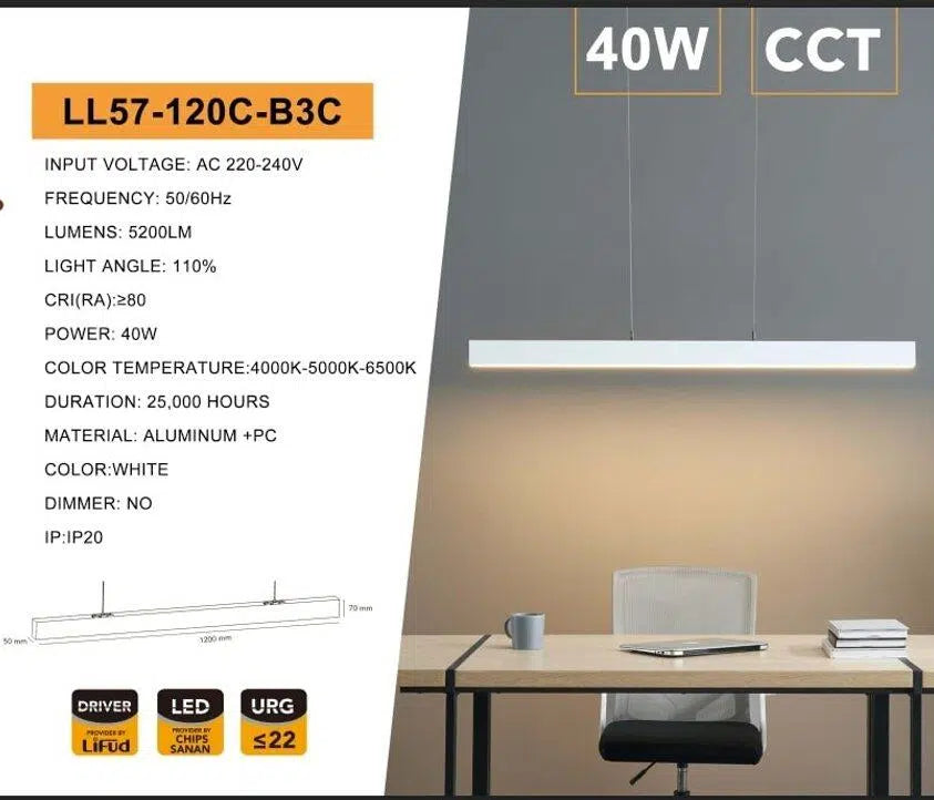 Lampadario LED Lineare Modulare a Sospensione e Soffitto – 40W, Colore Luce Selezionabile CCT (4000K/5000K/6500K)