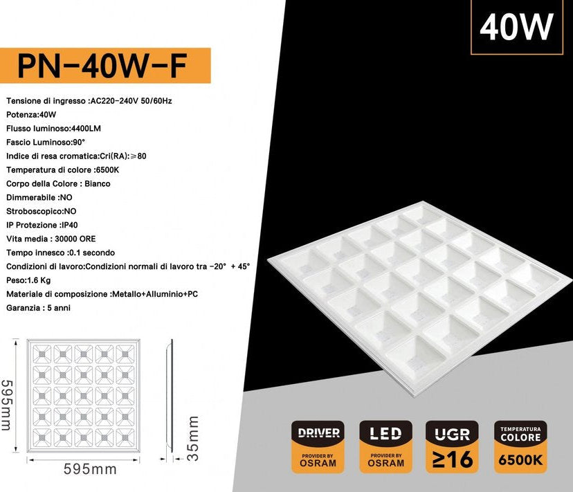 Pannello LED Quadrato ad Alveoli 60x60 40W 4400 Lumen | CCT Selezionabile 4000K/6500K con Driver
