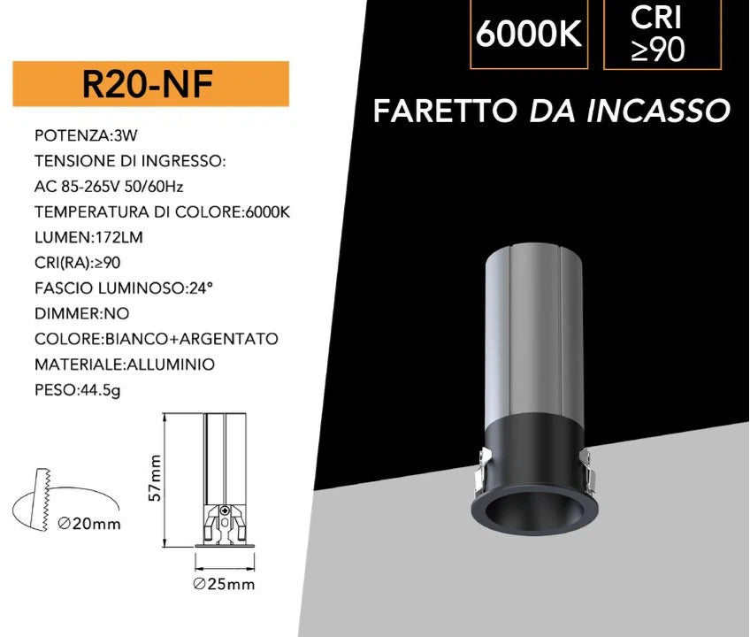 Faretto LED Rotondo da Incasso UNIVERSO R20-N 3W | CCT Selezionabile 3000K-4000K-6500K Nero/Argento IP20