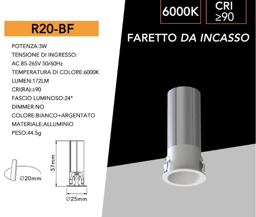 Faretto LED Rotondo da Incasso UNIVERSO R20-B 3W | CCT Selezionabile 3000K-4000K-6500K Bianco/Argento IP20
