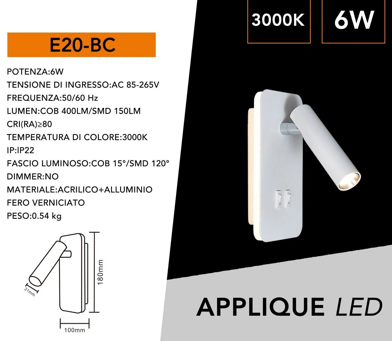 Lampada LED da Parete Universo E20-B – Doppia Sorgente 6W, Applique Orientabile, Colore Bianco, CCT 3000K/4000K/6500K