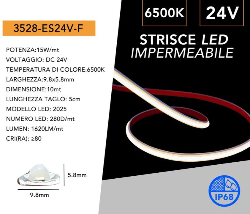 Striscia LED SMD Monocolore Subacquea UNIVERSO 3528-ES24V | 280 LED/m DC 24V IP68 10m