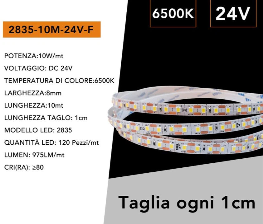 Striscia LED Flessibile Monocolore UNIVERSO | DC 24V 100W SMD 2835 120 LED/m Bobina 10m Taglio 1cm