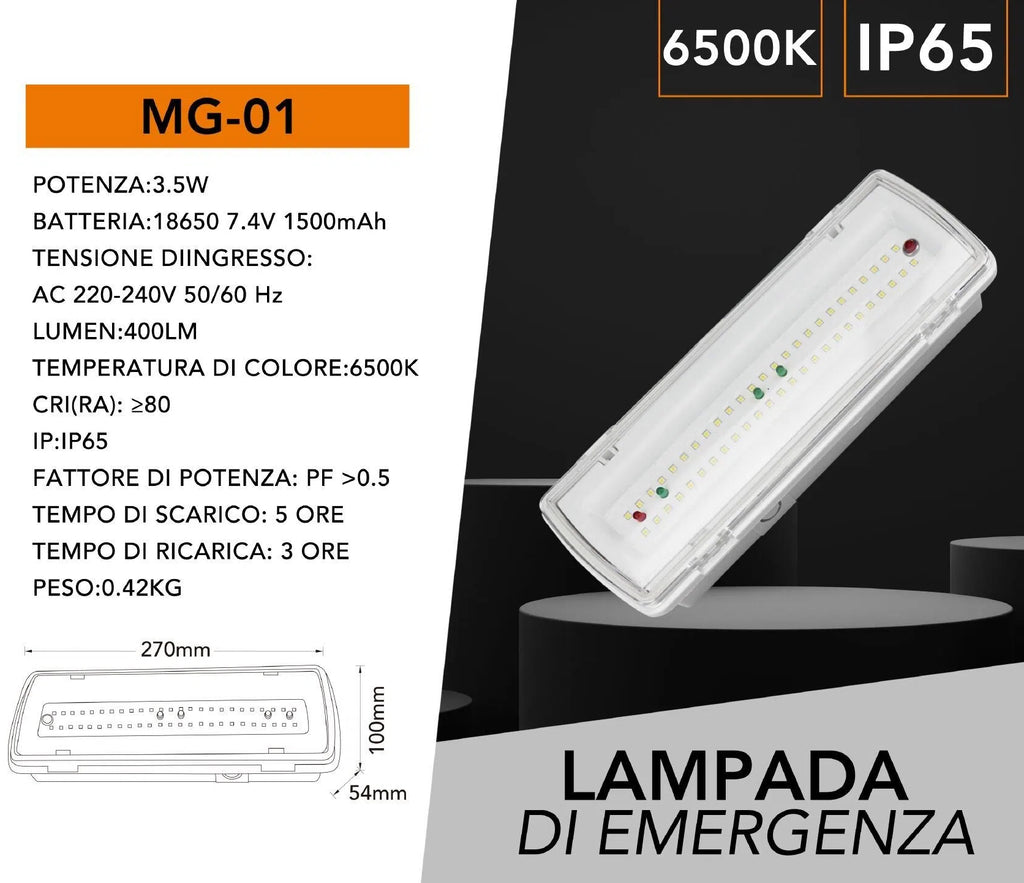 Lampada LED d'Emergenza Anti Black Out – IP65, 3.5W, 400 Lumen, 3 Ore di Autonomia